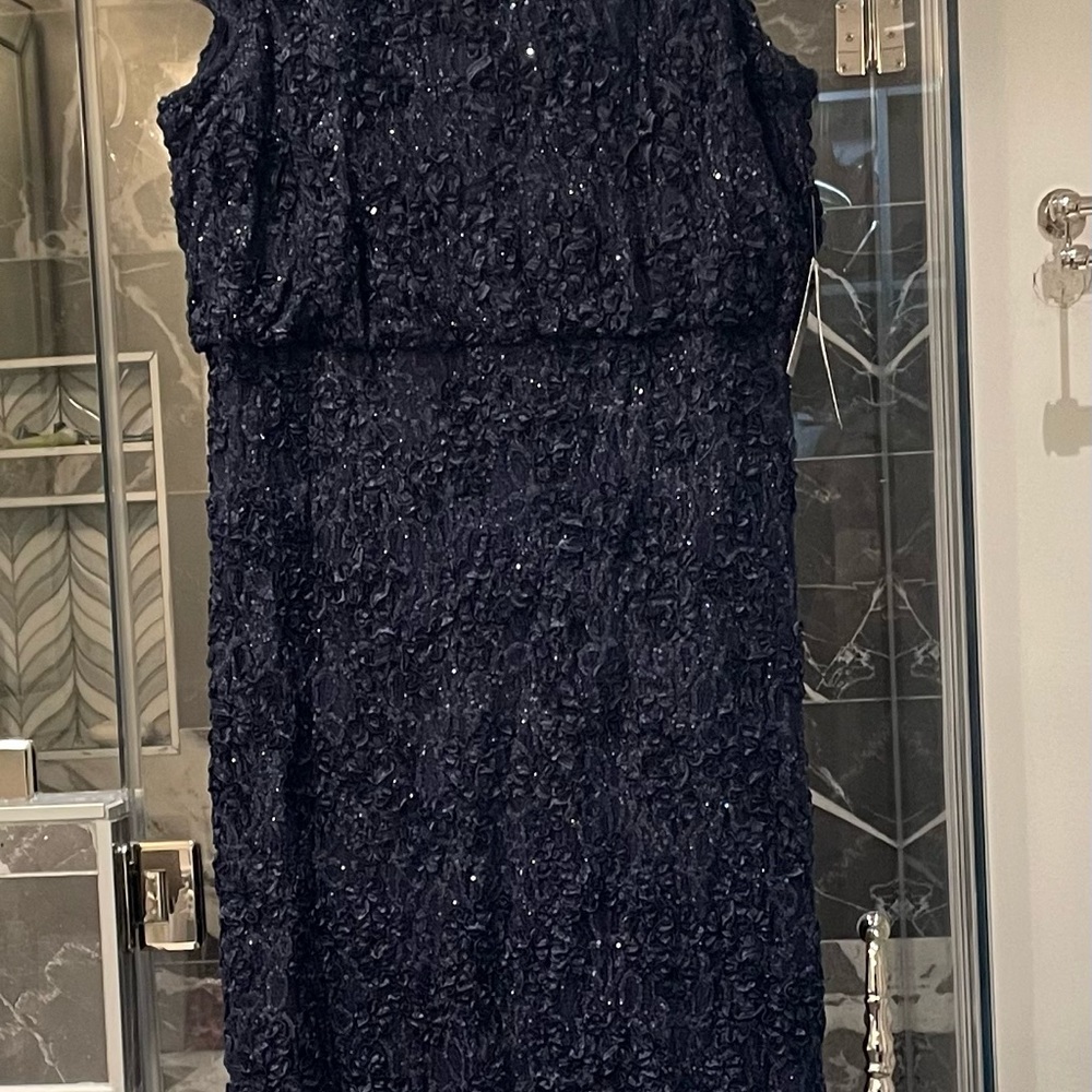 Navy long dress short sleeved has some sparkle in it. Good for a formal event.